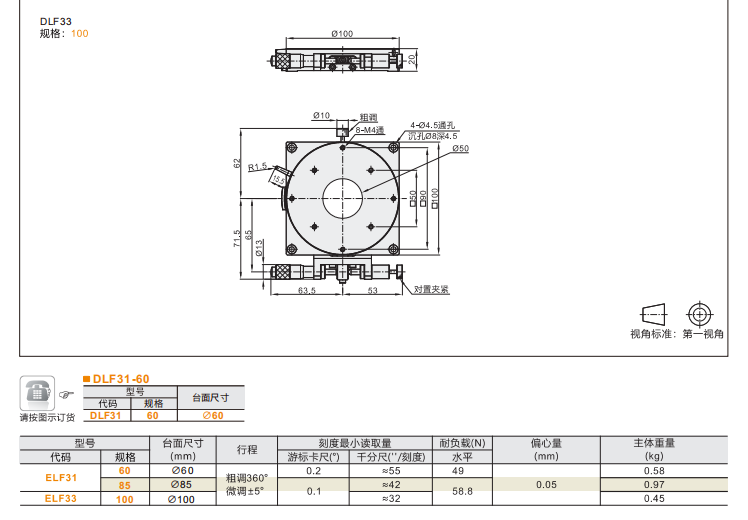 ?重載型DLF31/?DLF33/DLF51/?DLF52手動(dòng)位移滑臺(tái)(圖4)